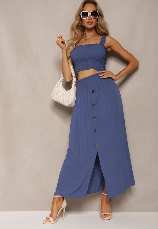 Renee - Granatowy 2-częściowy Bawełniany Komplet z Długą Spódnicą i Elastycznym Topem Diomastis. Kolor: niebieski. Materiał: bawełna. Wzór: gładki