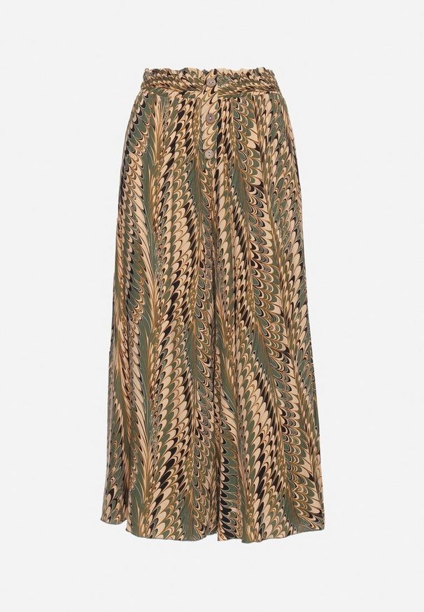 Born2be - Zielone Szerokie Wiskozowe Spodnie z Wysokim Stanem i Gumką w Talii Ozdobione Guzikami Jilifea. Stan: podwyższony. Kolor: zielony. Materiał: wiskoza. Wzór: aplikacja