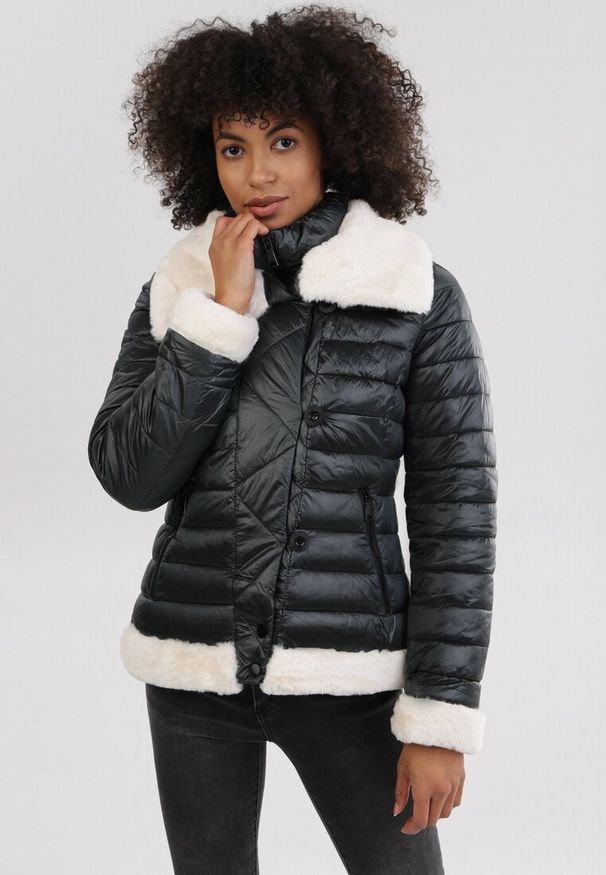 Born2be - Szara Kurtka Jennivien. Typ kołnierza: kołnierzyk stójkowy. Kolor: szary. Materiał: tkanina, futro. Długość: krótkie. Wzór: aplikacja