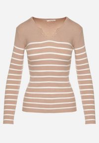 Born2be - Beżowa Bluzka z Bawełną w Paski Ozdobiona Guzikami Gelvila. Okazja: na co dzień. Kolor: beżowy. Materiał: bawełna. Wzór: aplikacja, paski. Styl: casual #6