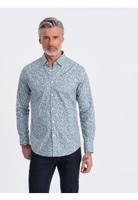 Ombre Clothing - Koszula męska SLIM FIT w print drobnych liści - jasnoniebieska V1. Okazja: na co dzień. Kolor: niebieski. Materiał: tkanina, skóra, bawełna. Wzór: nadruk. Styl: casual