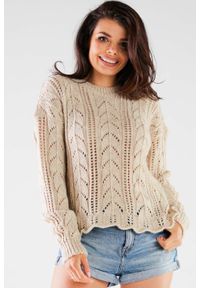 Awama - Ażurowy Sweter z Ozdobnym Wykończeniem - Beżowy. Kolor: beżowy. Materiał: poliakryl, poliester, poliamid. Wzór: ażurowy #1