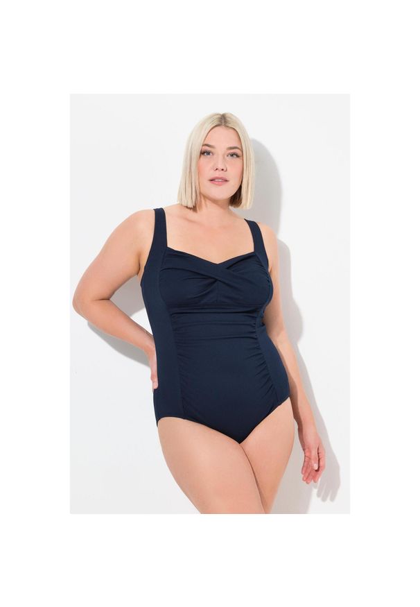 ULLA POPKEN - Damski Strój kąpielowy drapowanie drobna faktura miękkie miseczki. Kolekcja: plus size. Kolor: niebieski. Materiał: poliamid, poliester, materiał, elastan