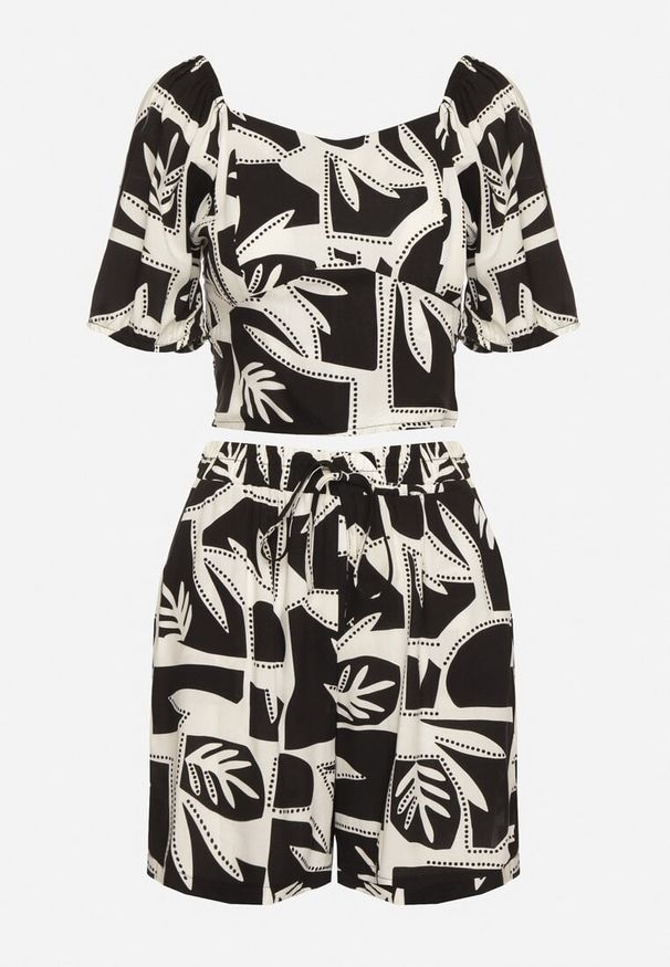 Born2be - Czarny Komplet z Wiskozy z Motywem Roślinnym Szorty i Bluzka Felestia. Kolor: czarny. Materiał: wiskoza