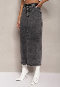 Renee - Czarno-Szara Bawełniana Spódnica Jeansowa Ołówkowa z Paskiem i Rozcięciem na Przodzie Ivario. Okazja: na co dzień. Kolor: czarny. Materiał: bawełna, jeans. Styl: casual #5