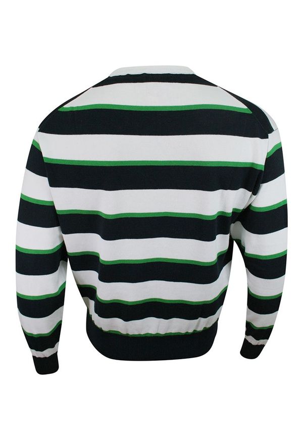 G&FA - Sweter w Okrągły Dekolt, Granatowo-Biały w Paski, Prążki, 100% BAWEŁNA (U-neck), Męski. Kolor: niebieski. Materiał: bawełna. Wzór: paski, prążki. Sezon: zima, jesień. Styl: klasyczny