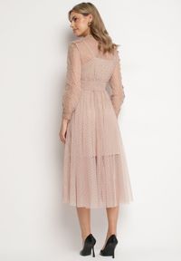 Born2be - Beżowa Tiulowa Sukienka Midi z Koronkowymi Tasiemkami i Długimi Rękawami Kabienne. Kolor: beżowy. Materiał: tiul, koronka. Długość rękawa: długi rękaw. Wzór: aplikacja, kropki. Długość: midi #4