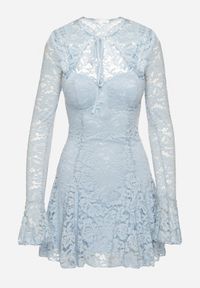 Born2be - Niebieska Rozkloszowane Sukienka Koktajlowa z Koronką i Bolerkiem Eyrfedi. Okazja: na wesele, na randkę, na ślub cywilny. Kolor: niebieski. Materiał: koronka. Długość rękawa: na ramiączkach. Wzór: koronka. Typ sukienki: rozkloszowane. Styl: wizytowy #4