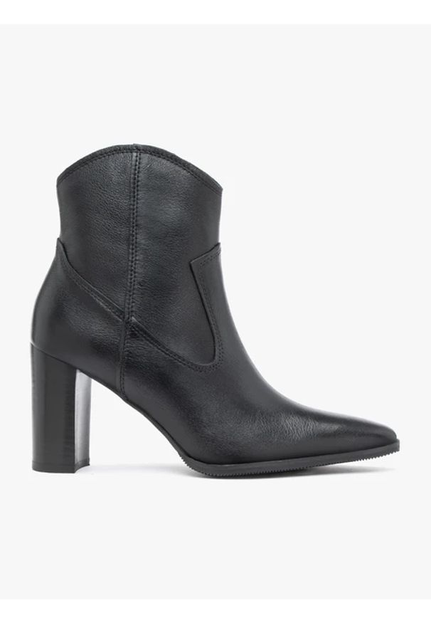 Ryłko - Czarne botki kowbojki na wysokim obcasie. Okazja: na co dzień. Zapięcie: zamek. Kolor: czarny. Materiał: skóra. Obcas: na obcasie. Styl: street, casual, elegancki. Wysokość obcasa: wysoki