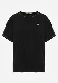 Born2be - Czarny Bawełniany T-shirt z Serduszkiem i Ozdobnymi Łańcuszkami Jynorin. Okazja: do pracy, na co dzień. Kolor: czarny. Materiał: bawełna. Wzór: aplikacja. Styl: elegancki, klasyczny, casual #6