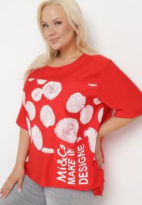 Born2be - Czerwony Bawełniany T-shirt z Nadrukiem i Kieszonką Lovelina. Kolor: czerwony. Materiał: bawełna. Wzór: nadruk. Styl: klasyczny, elegancki