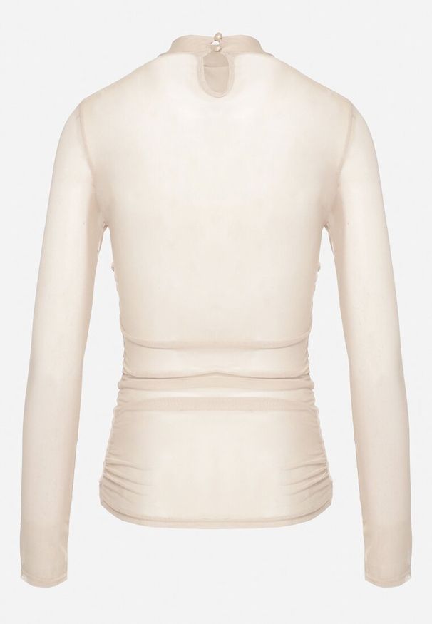 Born2be - Beżowa Bluzka Siateczkowa z Marszczeniem i Stójką Feltewia. Okazja: na co dzień. Typ kołnierza: kołnierzyk stójkowy. Kolor: beżowy. Materiał: materiał, jeans, skóra. Długość: długie. Styl: casual