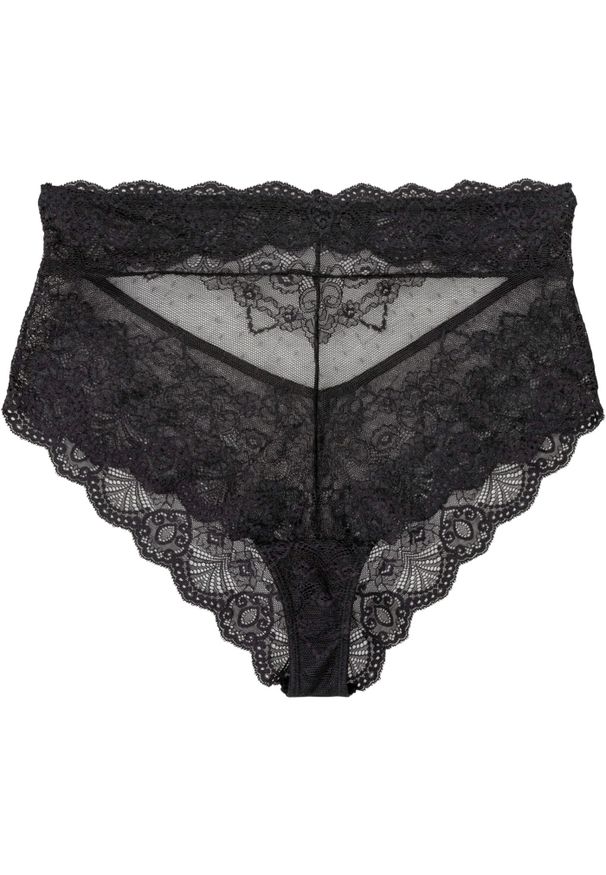 bonprix - Figi z wysoką talią. Kolor: czarny. Materiał: koronka. Wzór: koronka