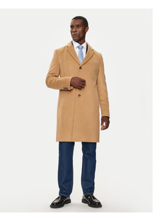 BOSS - Boss Płaszcz wełniany H-Hyde 50525739 Beżowy Slim Fit. Kolor: beżowy. Materiał: wełna