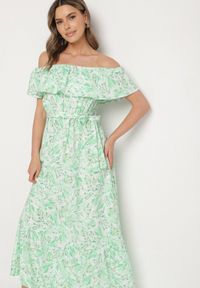 Born2be - Zielona Sukienka Hiszpanka z Bawełną w Kwiaty Mreova. Okazja: na co dzień. Typ kołnierza: dekolt hiszpanka. Kolor: zielony. Materiał: bawełna. Wzór: kwiaty. Styl: elegancki, casual, klasyczny #5