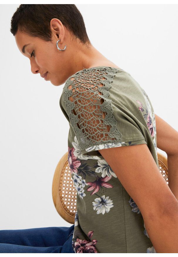 bonprix - Shirt z nadrukiem i koronką. Kolor: zielony. Materiał: koronka. Wzór: nadruk, koronka