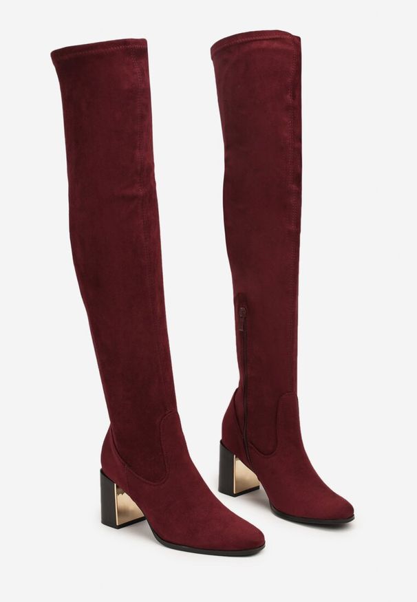 Born2be - Bordowe Kozaki za Kolano z Ozdobnym Obcasem z Metaliczną Wstawką Agnerissa. Wysokość cholewki: za kolano. Kolor: czerwony. Wzór: aplikacja. Obcas: na obcasie. Wysokość obcasa: średni