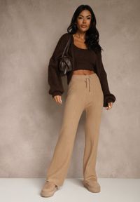 Renee - Beżowe Szerokie Spodnie z Wełną High Waist z Prążkowanego Materiału Reinna. Okazja: na co dzień. Stan: podwyższony. Kolor: beżowy. Materiał: prążkowany, wełna, materiał. Styl: casual #2