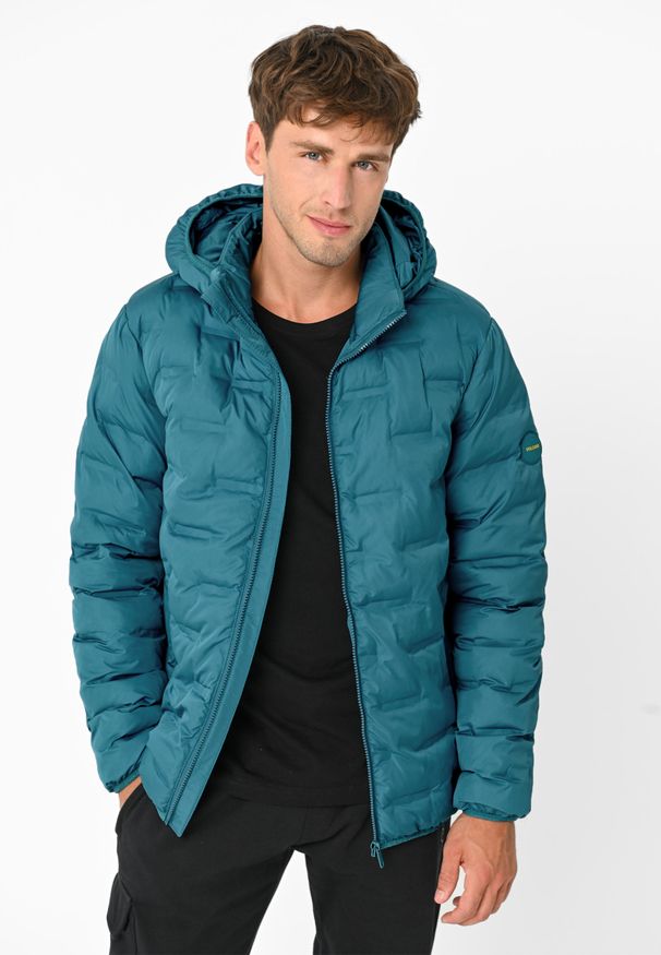 Volcano - Pikowana kurtka J-SINTOR. Typ kołnierza: kaptur. Kolor: niebieski. Materiał: puch, materiał. Wzór: geometria, napisy