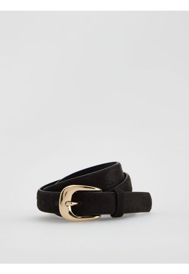 Reserved - Skórzany pasek z włosiem - ciemnobrązowy. Kolor: brązowy. Materiał: skóra