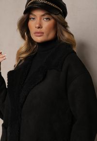 Renee - Czarny Jednorzędowy Płaszcz Futerko z Imitacji Zamszu z Kieszeniami Etanielis. Okazja: na co dzień. Kolor: czarny. Materiał: zamsz, futro. Długość rękawa: długi rękaw. Długość: długie. Styl: klasyczny, wizytowy, casual, elegancki #3