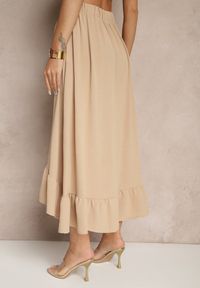 Renee - Beżowa Spódnica z Przedłużonym Tyłem Zdobiona Falbanami i Guzikami Maleira. Okazja: na co dzień. Kolor: beżowy. Wzór: aplikacja. Styl: casual, boho, elegancki #3