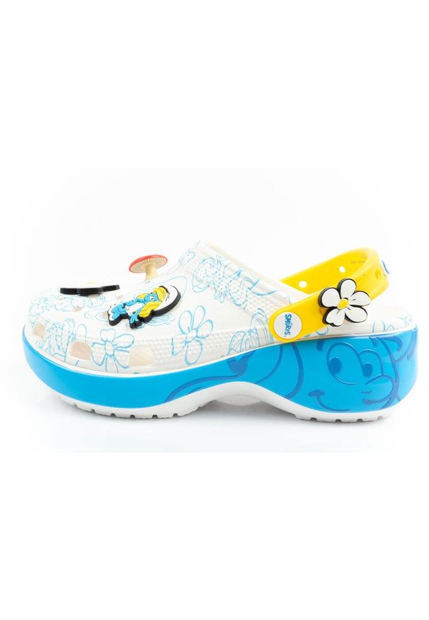 Klapki sandały chodaki damskie Crocs Smurfs na platformie Smerfy. Kolor: niebieski, wielokolorowy, biały. Materiał: materiał. Obcas: na platformie