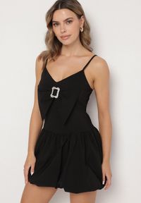 Born2be - Czarna Sukienka Bombka na Cienkich Ramiączkach z Kokardą i Cyrkoniami Paliandria. Okazja: na imprezę. Typ kołnierza: kokarda. Kolor: czarny. Długość rękawa: na ramiączkach. Wzór: aplikacja. Sezon: lato. Typ sukienki: bombki. Styl: elegancki #7