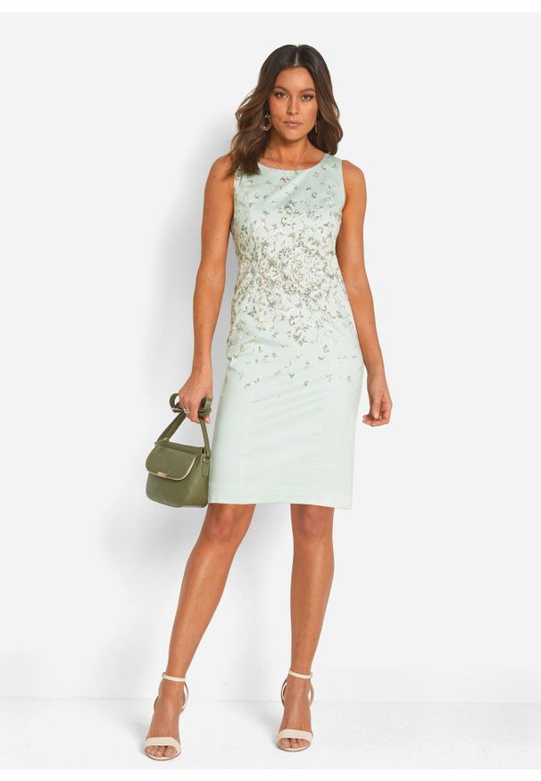 bonprix - Sukienka ołówkowa z nadrukiem. Kolor: zielony. Wzór: nadruk. Typ sukienki: ołówkowe. Styl: klasyczny