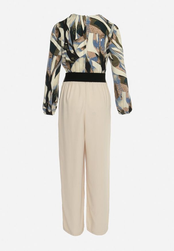 Born2be - Beżowy Kombinezon z Kopertową Górą i Szerokimi Spodniami oraz Paskiem Elavina. Kolor: beżowy