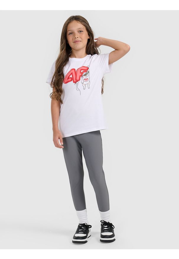 4f - 4F T-shirt regular z nadrukiem świątecznym dziewczęcy - biały 134 (8-9 lat). Kolor: biały. Materiał: jeans, materiał, skóra, bawełna. Wzór: nadruk. Sezon: lato. Styl: wizytowy