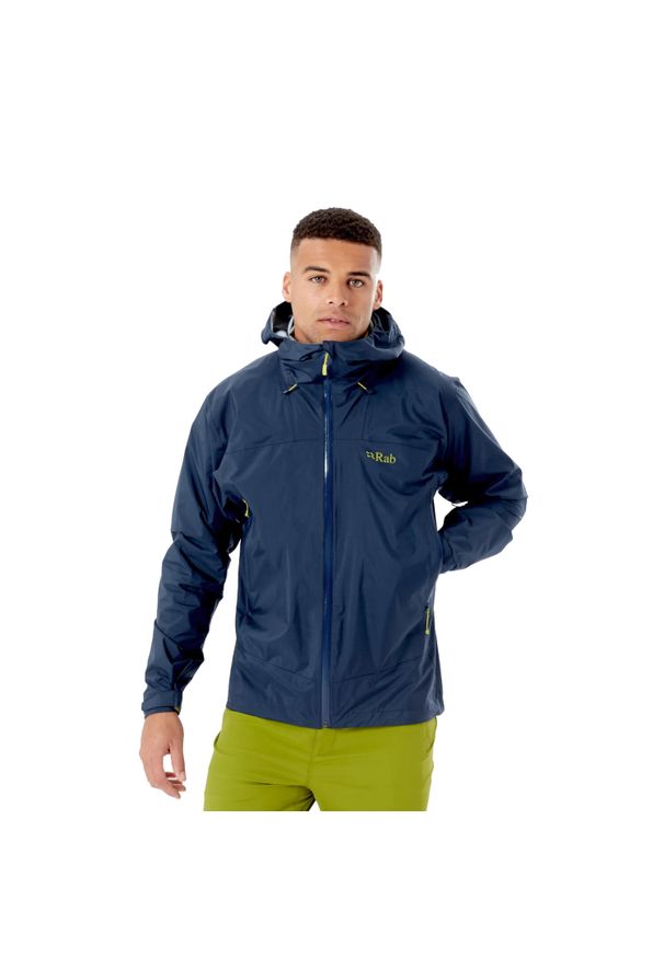 Kurtka przeciwdeszczowa męska Rab Downpour Plus 2.0 Jacket z kapturem. Typ kołnierza: kaptur. Kolor: niebieski