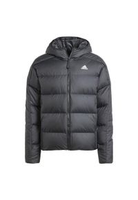 Adidas - Kurtka Essentials Midweight Down Hooded. Kolor: czarny, biały, wielokolorowy. Materiał: materiał. Sport: turystyka piesza
