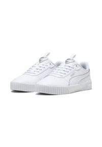 Puma - Damskie sneakersy Carina 2.0 Pop Up Metallics PUMA. Kolor: szary, biały, wielokolorowy. Materiał: skóra. Wzór: aplikacja. Sezon: lato. Sport: turystyka piesza