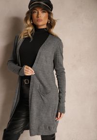 Renee - Ciemnoszary Kardigan Bez Zapięć o Prostym Kroju ze Wsuwanymi Kieszonkami Torinia. Okazja: na co dzień, do pracy. Kolor: szary. Materiał: jeans. Długość rękawa: długi rękaw. Długość: długie. Styl: casual #3
