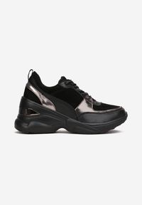 Born2be - Czarno-Srebrne Sneakersy na Koturnie z Wkładką ze Skóry Naturalnej Keyara. Nosek buta: okrągły. Zapięcie: sznurówki. Kolor: srebrny. Materiał: skóra. Sezon: lato, wiosna, jesień. Obcas: na koturnie. Wysokość obcasa: średni #5
