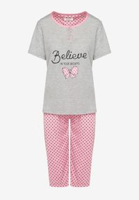 Born2be - Różowo-Szary Bawełniany Komplet Piżamowy Bluzka z Napisem i Spodnie Firadelle. Kolor: różowy. Materiał: bawełna. Wzór: napisy