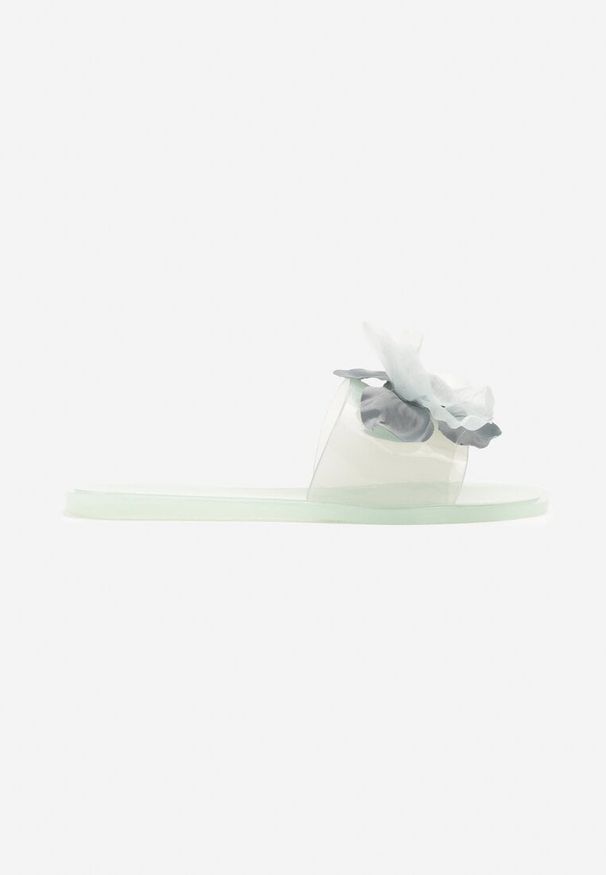Born2be - Jasnozielone Klapki z Kwiatem 3D i Cyrkoniami Lurieta. Okazja: na co dzień. Kolor: zielony. Materiał: materiał, jeans. Wzór: kwiaty. Obcas: na obcasie. Styl: casual. Wysokość obcasa: niski