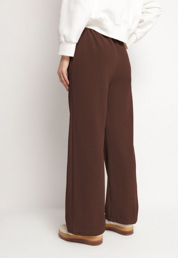 Born2be - Brązowe Szerokie Spodnie z Wysokim Stanem Wiązane Sznurkiem Cosetta. Okazja: na co dzień. Stan: podwyższony. Kolor: brązowy. Styl: elegancki, casual