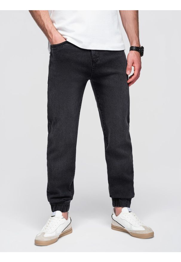 Ombre Clothing - Męskie spodnie jeansowe JOGGERY z klasyczna opaśnicą - czarne V3 - Rozmiar: M. Okazja: na co dzień. Kolor: czarny. Materiał: jeans. Styl: klasyczny