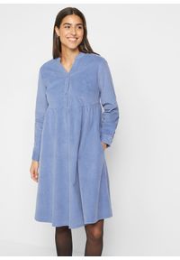 bonprix - Sukienka ze sztruksu z bawełny. Typ kołnierza: dekolt w serek. Kolor: niebieski. Materiał: bawełna, sztruks #1