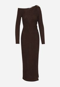 Born2be - Brązowa Dopasowana Sukienka z Metaliczną Ozdobą na Ramieniu Reilara. Kolor: brązowy. Wzór: aplikacja. Styl: elegancki #7