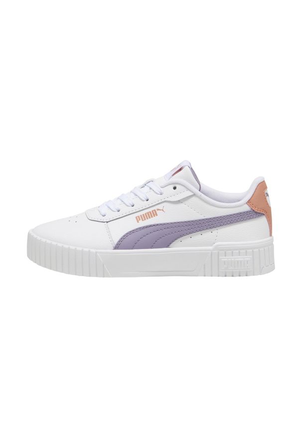 Buty dla dzieci Puma Carina 2.0 Jr. Zapięcie: sznurówki. Kolor: biały, fioletowy, wielokolorowy. Materiał: materiał, syntetyk. Szerokość cholewki: normalna. Sport: turystyka piesza