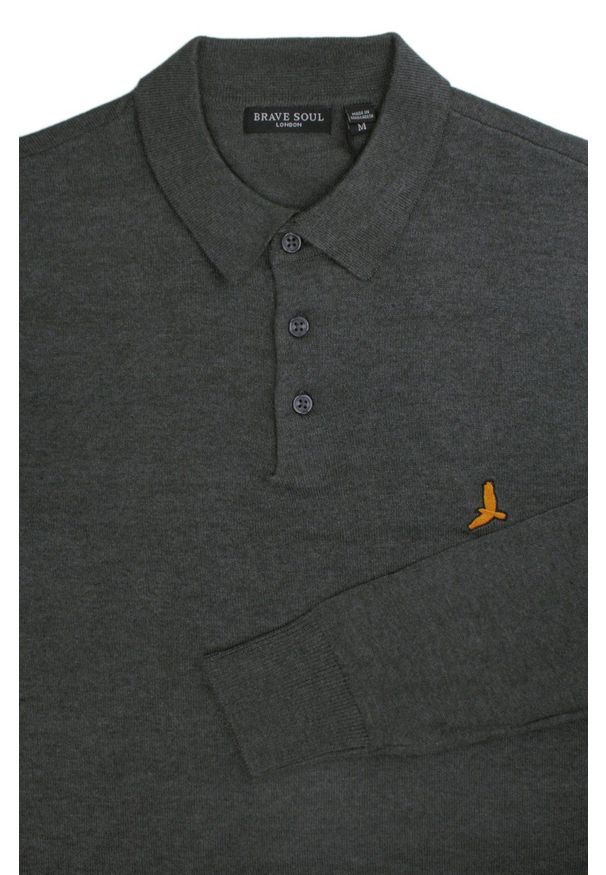 Dzianinowy Lekki Sweter w Stylu Longsleeve Polo – Brave Soul - Grafitowy. Typ kołnierza: polo. Kolor: szary. Materiał: bawełna, akryl. Długość rękawa: długi rękaw. Sezon: jesień, wiosna