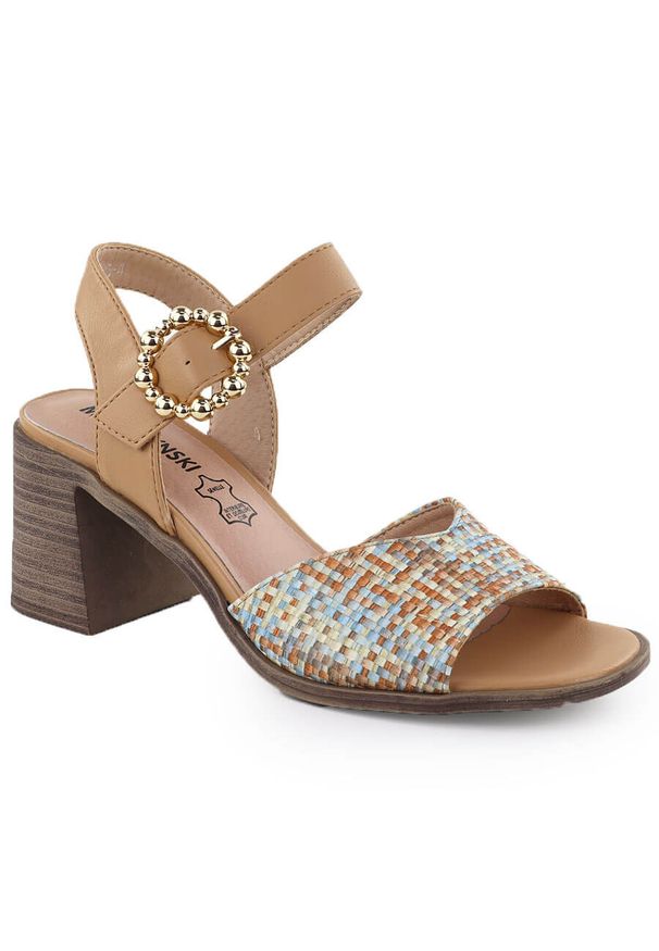 Sandały damskie na słupku plecionki beżowe M.Daszyński MR24125-4. Kolor: beżowy. Materiał: skóra ekologiczna. Obcas: na słupku