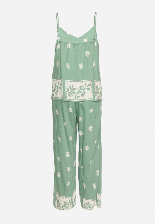 Born2be - Miętowy Wiskozowy Komplet Koszulka na Ramiączkach i Spodnie w Kwiaty Adisira. Kolor: zielony. Materiał: wiskoza. Wzór: kwiaty