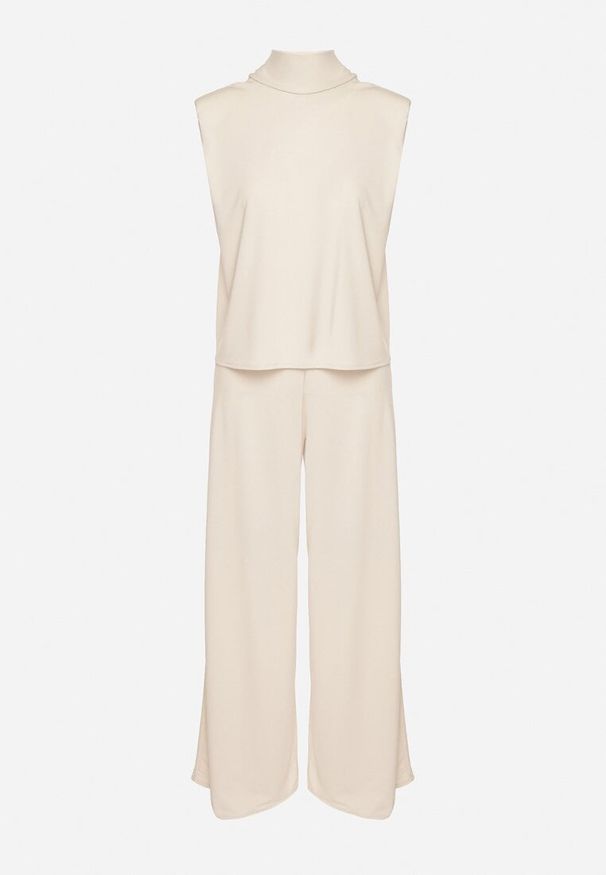 Born2be - Beżowy Komplet Bluzka z Wiązaniem i Szerokie Spodnie Halazea. Kolor: beżowy