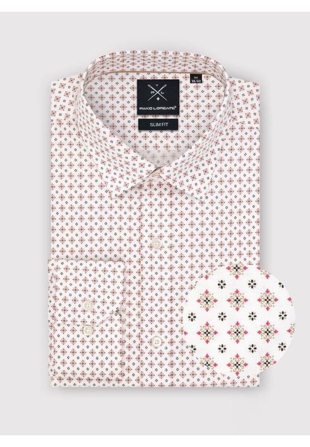 Pako Lorente - PAKO LORENTE – Biała koszula w mikrowzór. Typ kołnierza: kołnierzyk klasyczny. Kolor: biały. Materiał: elastan, bawełna. Długość rękawa: długi rękaw. Długość: długie. Styl: klasyczny