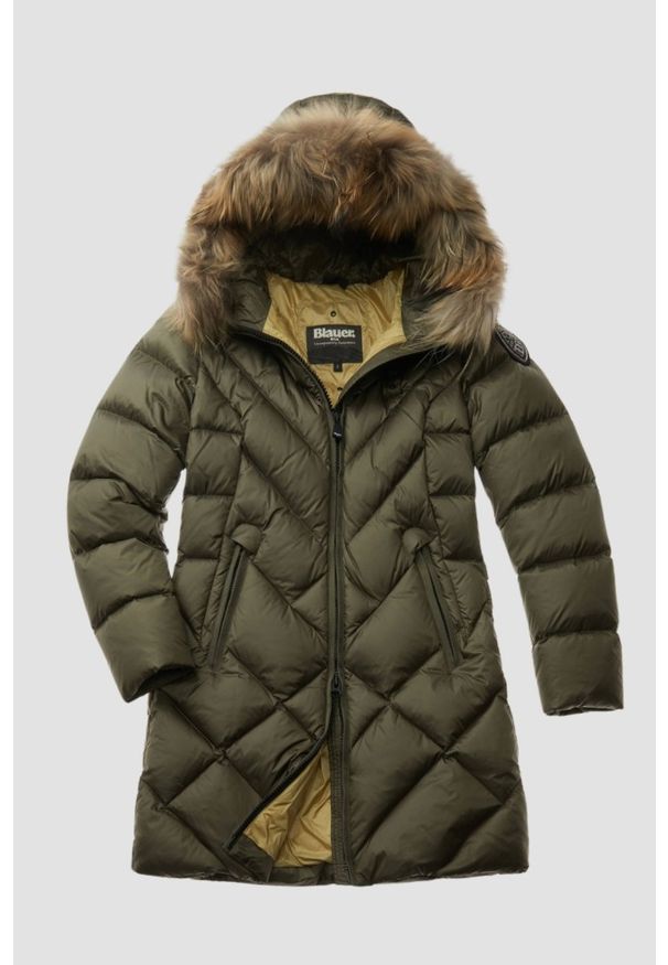 Blauer USA - BLAUER Zielona damska kurtka Althea Raincoat Long Jackets, Rozmiar L. Kolor: zielony. Materiał: materiał, puch. Długość rękawa: długi rękaw. Długość: długie