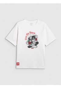 4f - 4F T-shirt loose z nadrukiem męski - biały L. Okazja: na co dzień. Kolor: biały. Materiał: dzianina, bawełna, materiał. Wzór: nadruk. Styl: casual